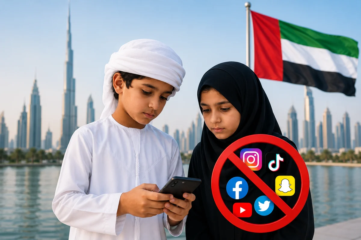 Emirati children using a smartphone in Dubai.