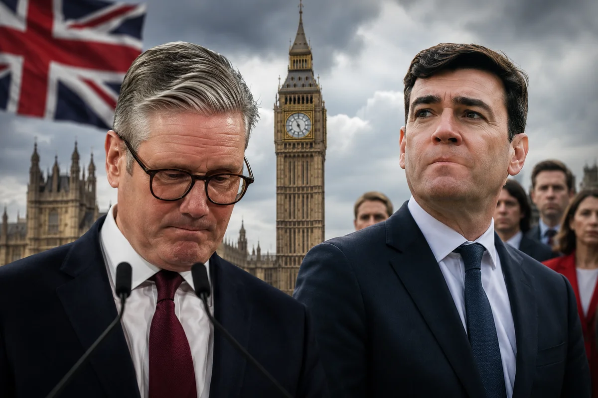 Illustration of UK political transition after Starmer's resignation, with Houses of Parliament in the background.