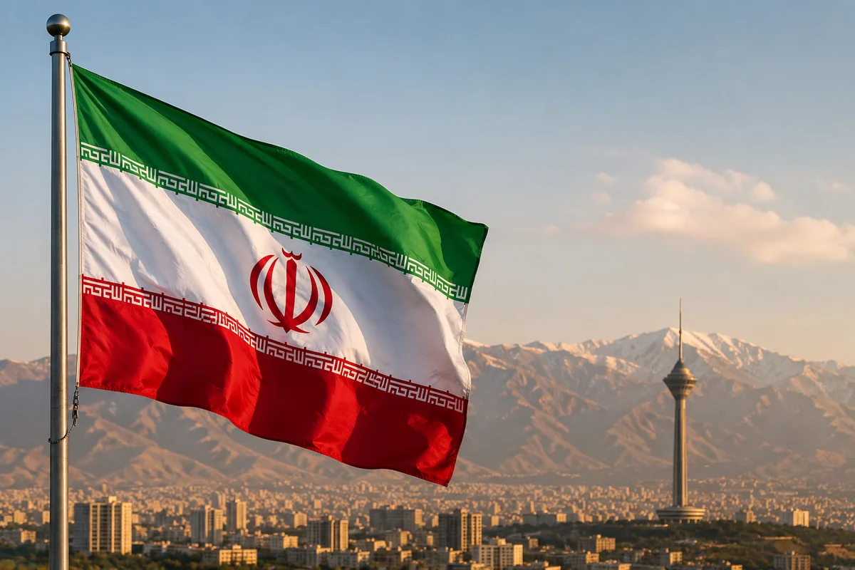 Iranian flag flying over Tehran skyline amid U.S.-Iran diplomatic talks and sanctions relief agreement.