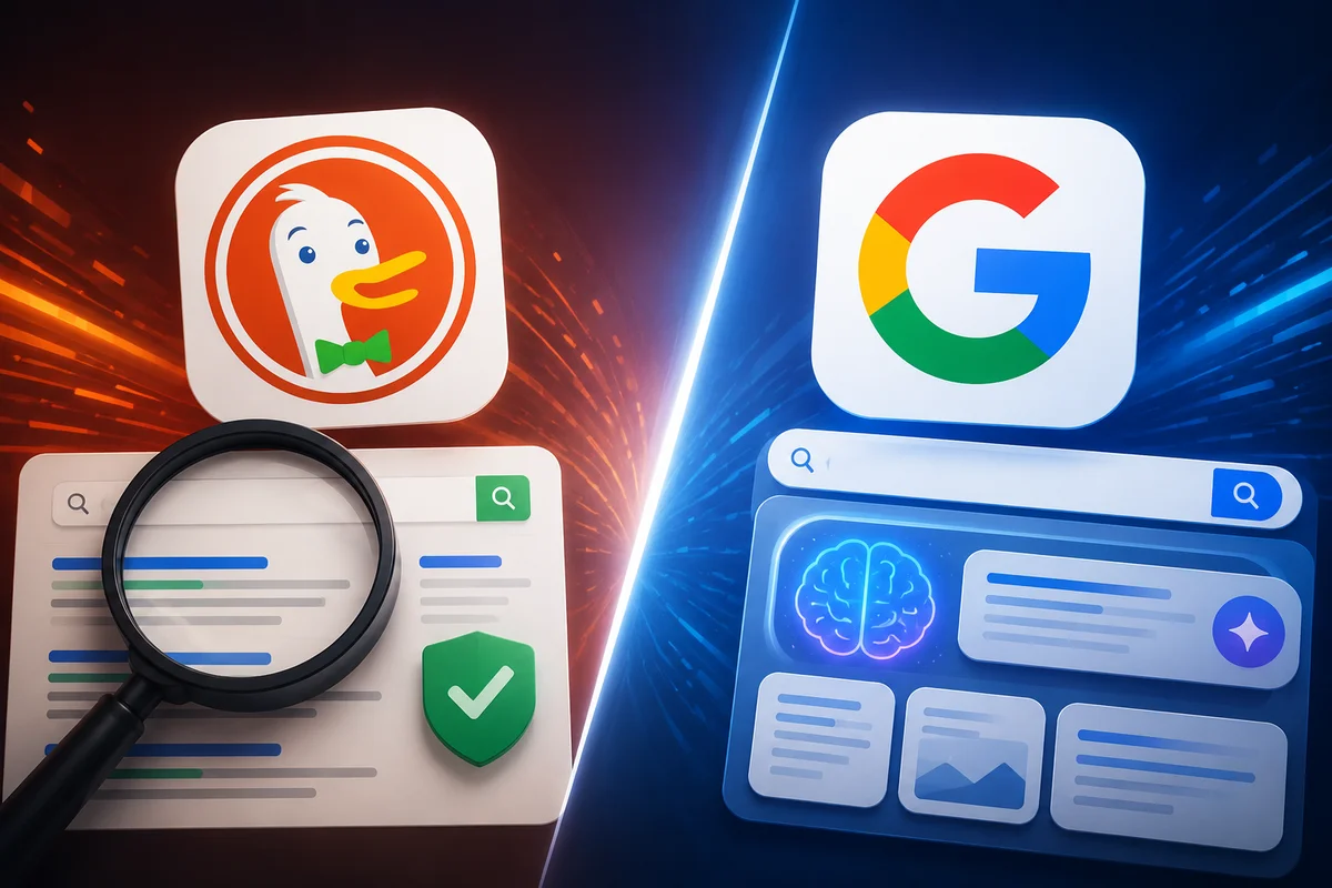 Split illustration comparing AI-powered search and traditional search.