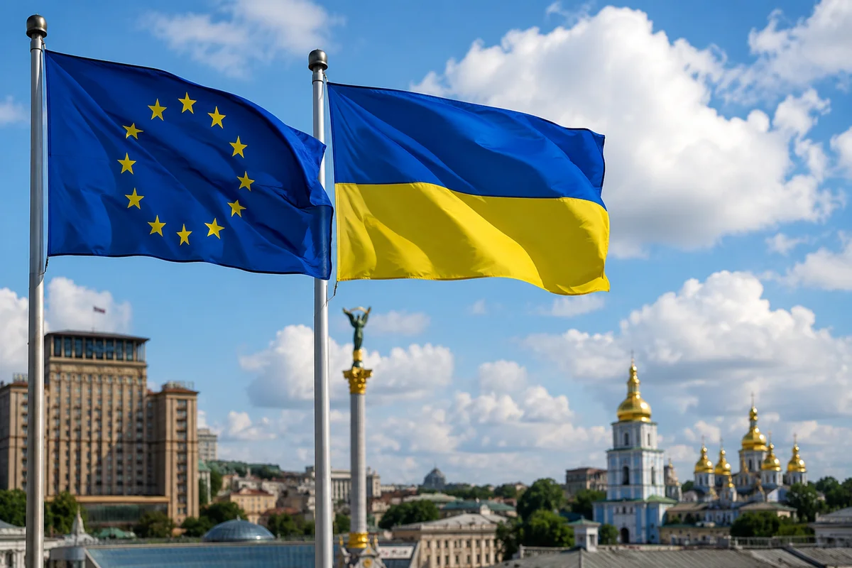 European Union and Ukraine flags displayed in Kyiv as the EU strengthens defence cooperation with Ukraine amid ongoing regional security concerns.