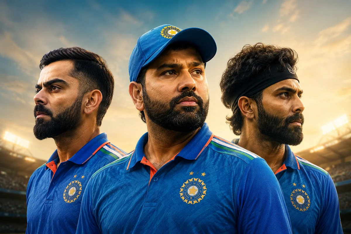 Rohit Sharma, Virat Kohli and Ravindra Jadeja in Indian cricket jerseys at a stadium.