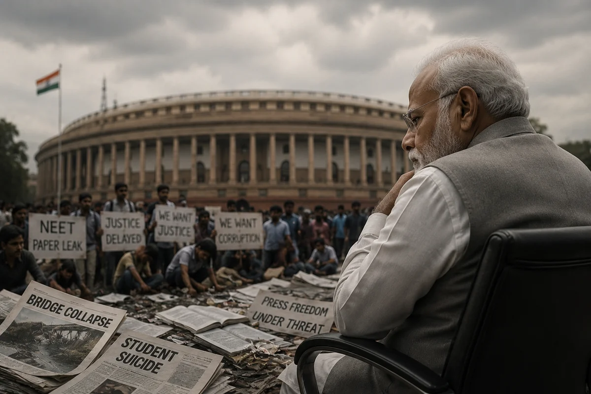 Illustration depicting India's accountability debate through student protests, governance challenges and public institutions.
