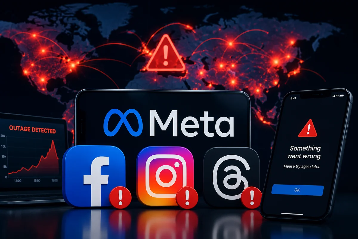 A smartphone displaying the Facebook logo in front of a glowing world map with warning indicators, symbolizing a widespread Meta outage affecting Facebook, Instagram, and Threads.