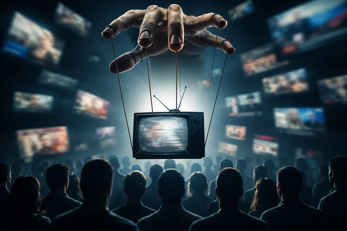 Conceptual illustration of media propaganda showing television screens, digital media, and information manipulation in the digital age.