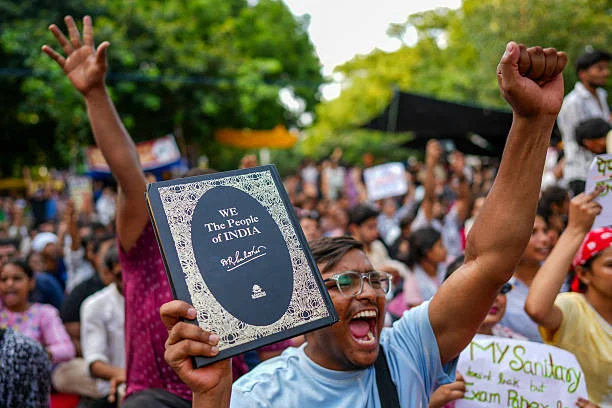 Students participating in a CJP protest during a nationwide demonstration demanding education reforms in India.