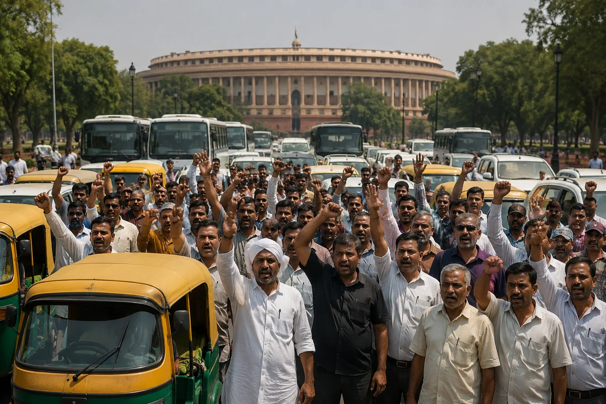 Representative image of taxi and transport operators protesting near India's Parliament over concerns related to the E20 petrol policy and its impact on commercial vehicles.