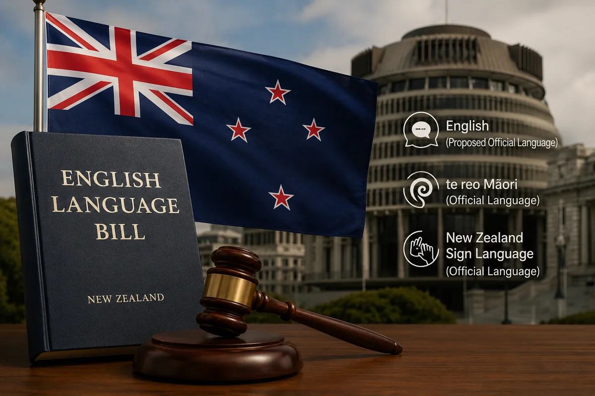 Illustration of New Zealand's proposed English official language bill with the national flag, Parliament, and legal symbols.