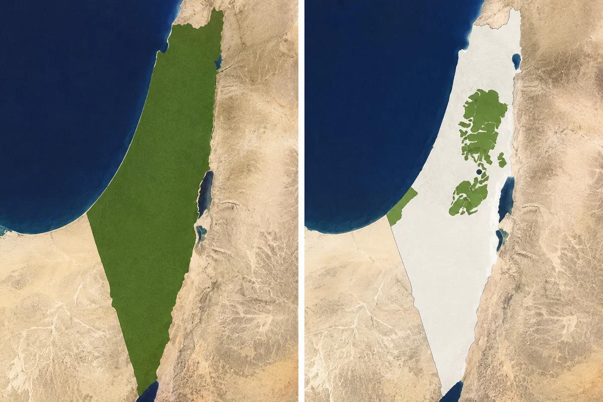 Side-by-side illustration comparing historical Palestine before 1948 with the present-day territorial situation in 2026, highlighting changes in Palestinian-administered areas over time.