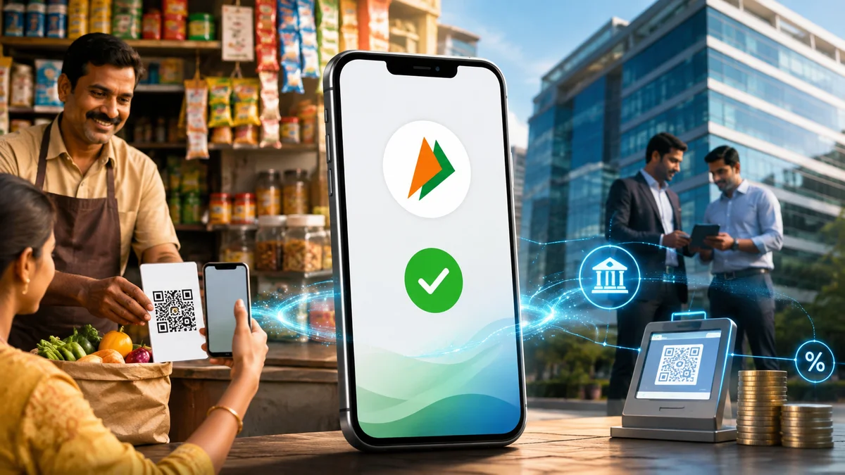 UPI digital payment at an Indian kirana store with a smartphone and QR code