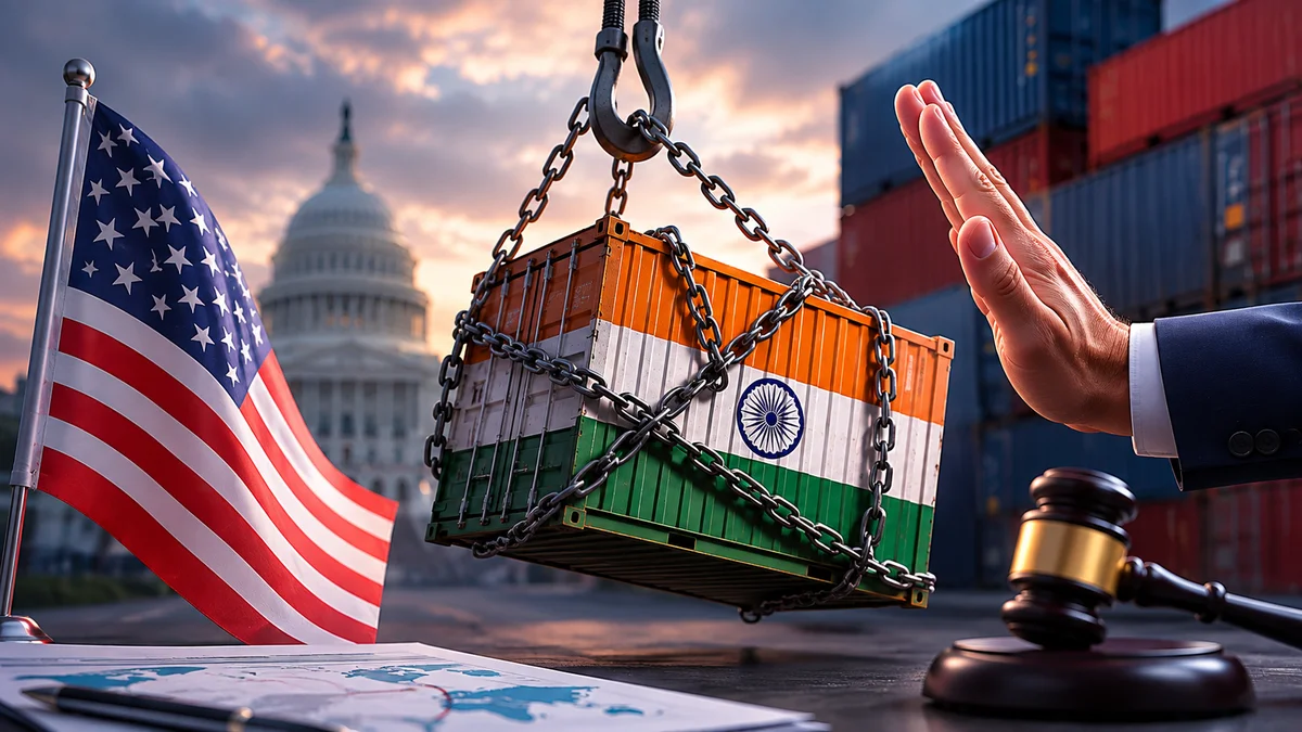 US-India trade tensions symbolized by an Indian cargo container near the US Capitol.