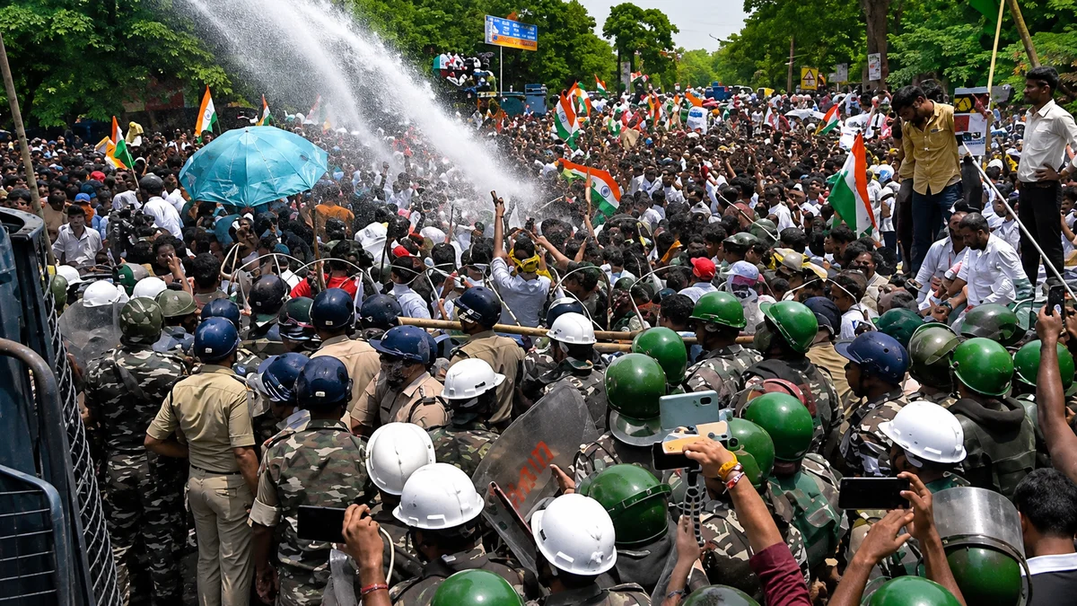 AI-generated image of police using water cannons on protesters in Ranchi.
