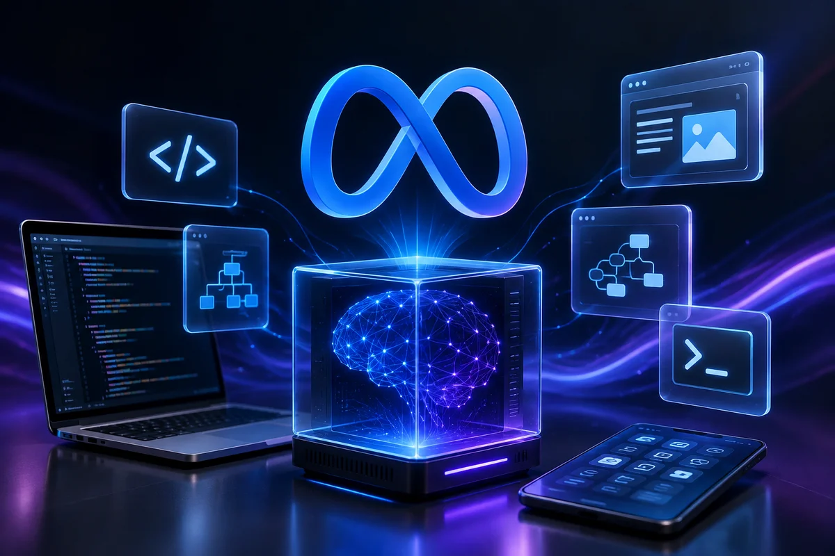 Futuristic AI setup featuring a glowing Meta logo, neural network core, laptop, smartphone and holographic technology interfaces.