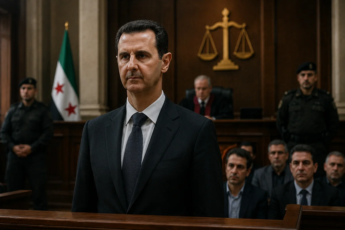 Syrian courtroom with a gavel and empty judge’s bench illustrating Bashar al-Assad’s death sentence