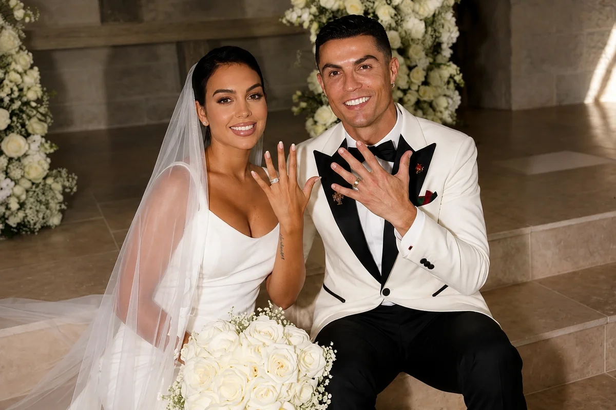 AI-generated illustration showing Cristiano Ronaldo and Georgina Rodríguez in wedding attire, displaying their wedding rings.