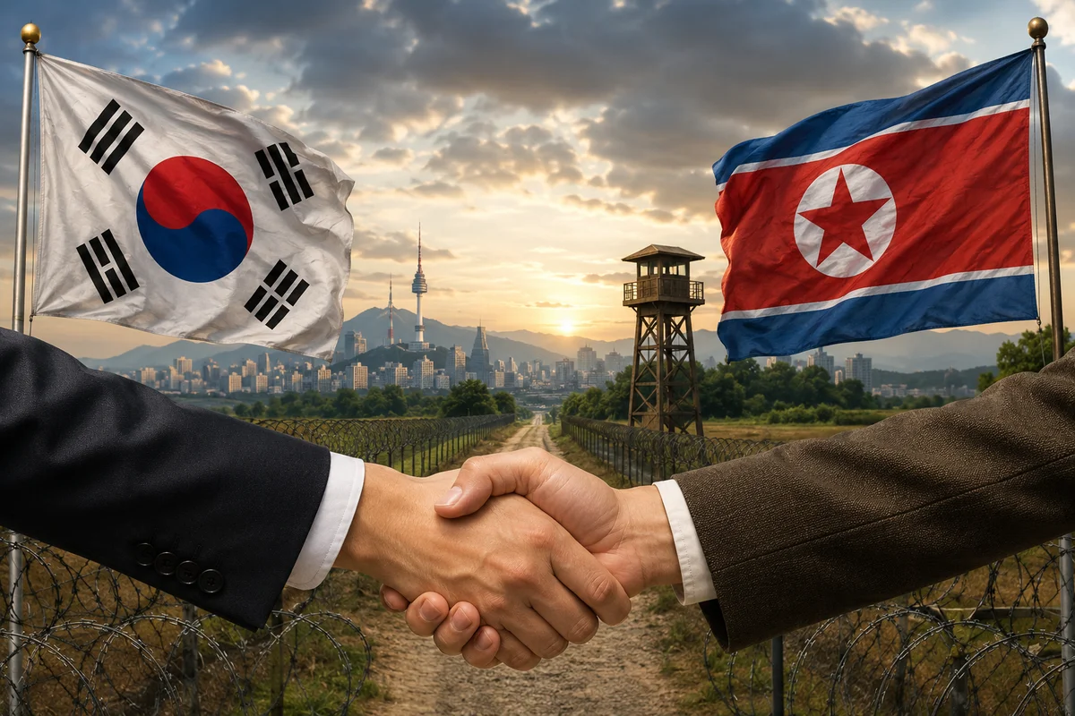 South and North Korean flags with a diplomatic handshake near the Korean border.