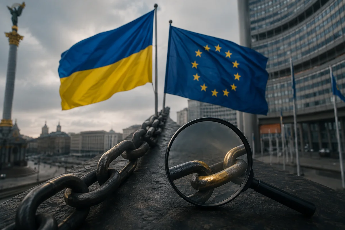 Ukraine and EU flags overlooking Kyiv as a magnifying glass highlights a chain, symbolizing scrutiny over corruption and EU accession.