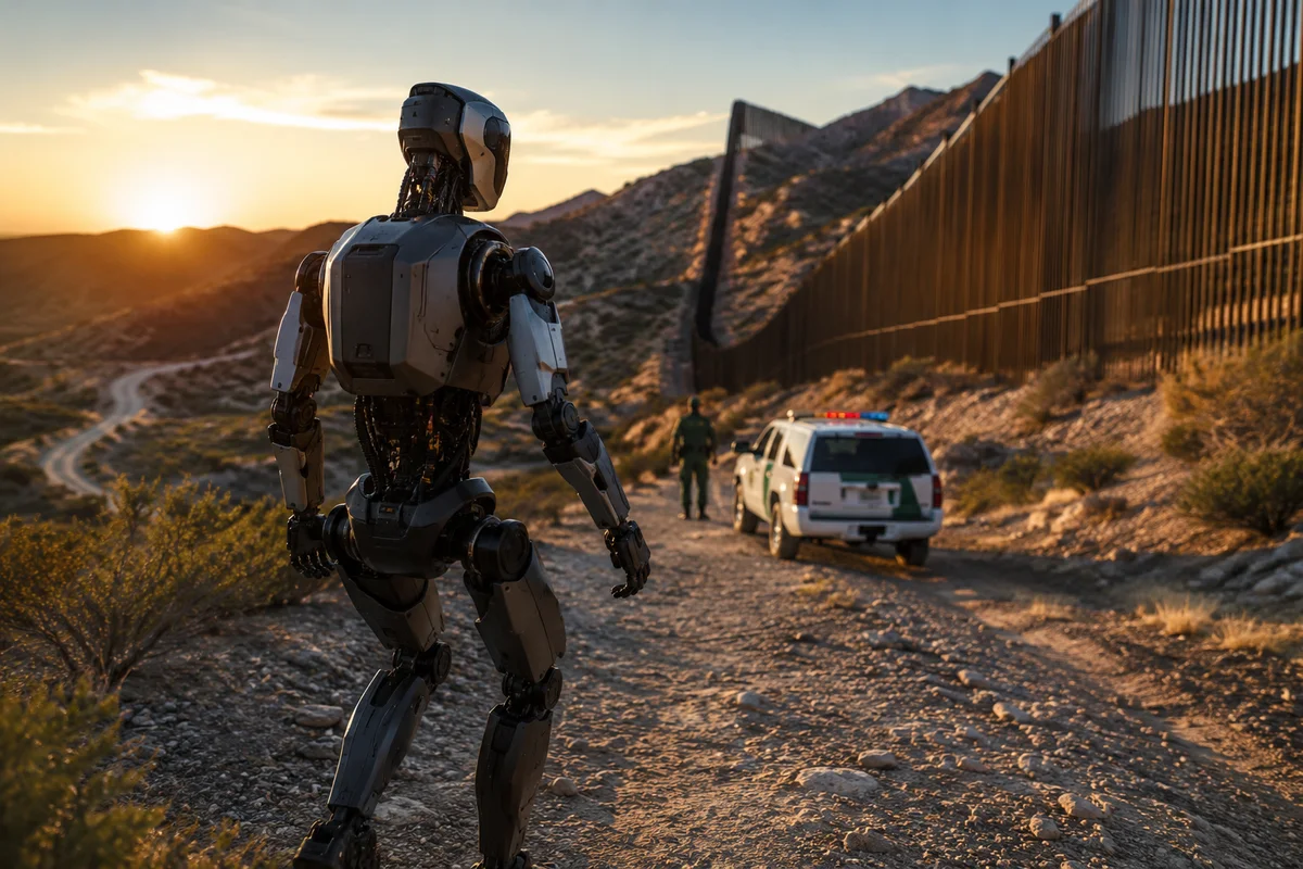 Humanoid robot patrolling near the U.S.-Mexico border fence.