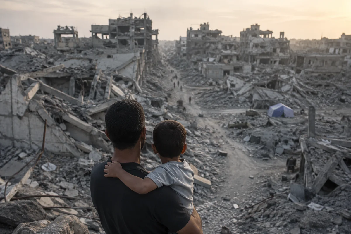 Father carries a child through Gaza rubble.
