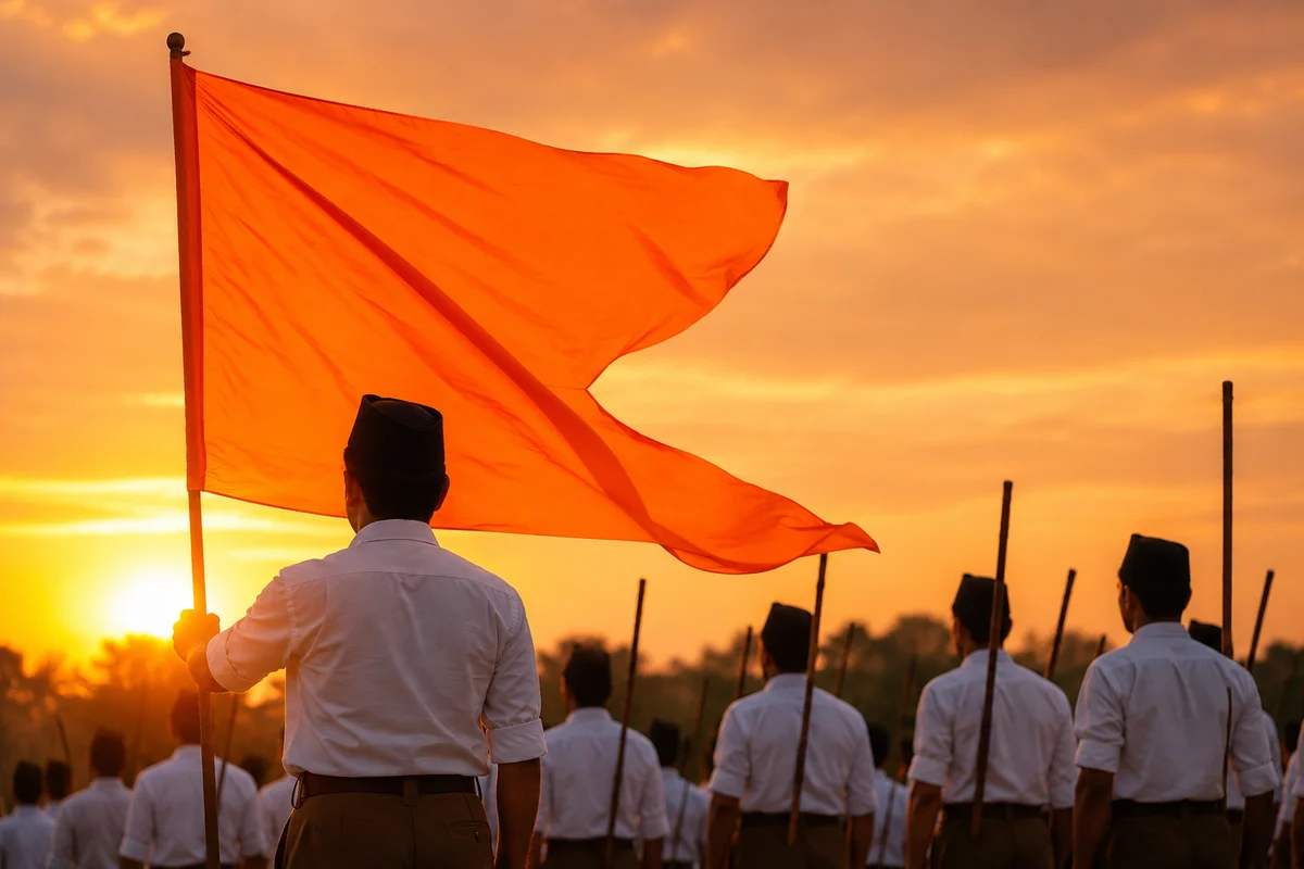 RSS volunteers in white shirts and khaki trousers carrying wooden staffs and an orange flag during a formation
