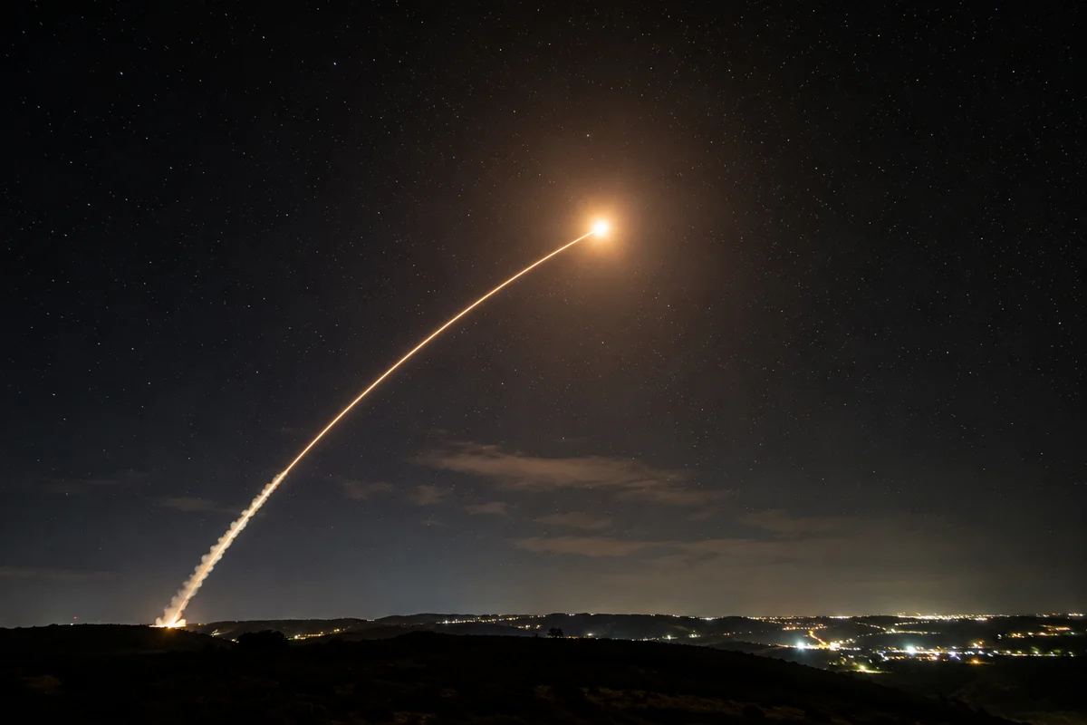 Illustrative night-sky image showing a space-based weapon concept over Earth.