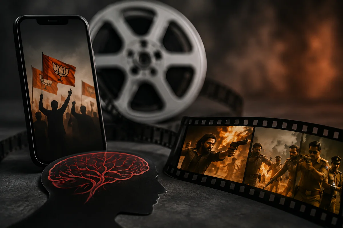 BJP political campaign imagery featuring social media, film clips, BJP flags and violent movie scenes