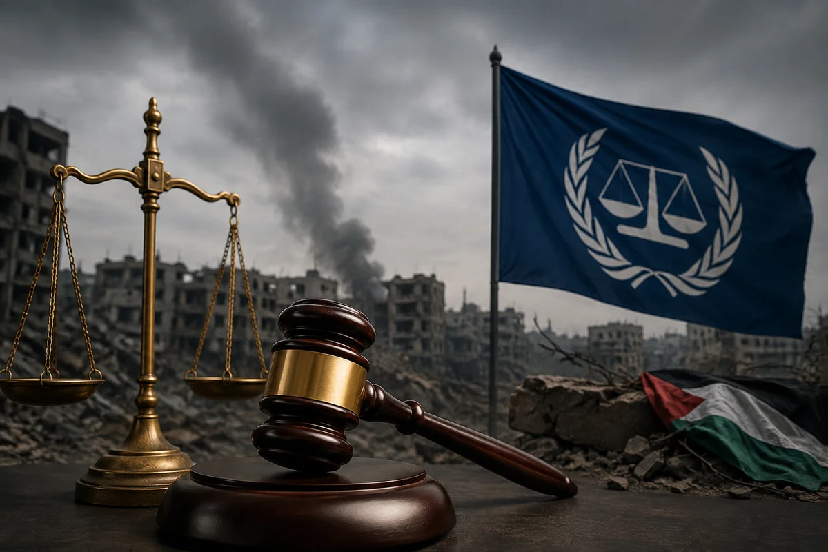 ICJ scales of justice and gavel with Gaza conflict backdrop