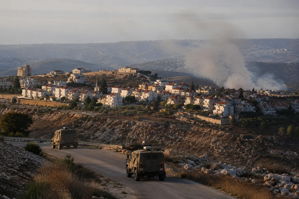 Israeli military vehicles on a road near a West Bank settlement, with smoke rising over the hills.